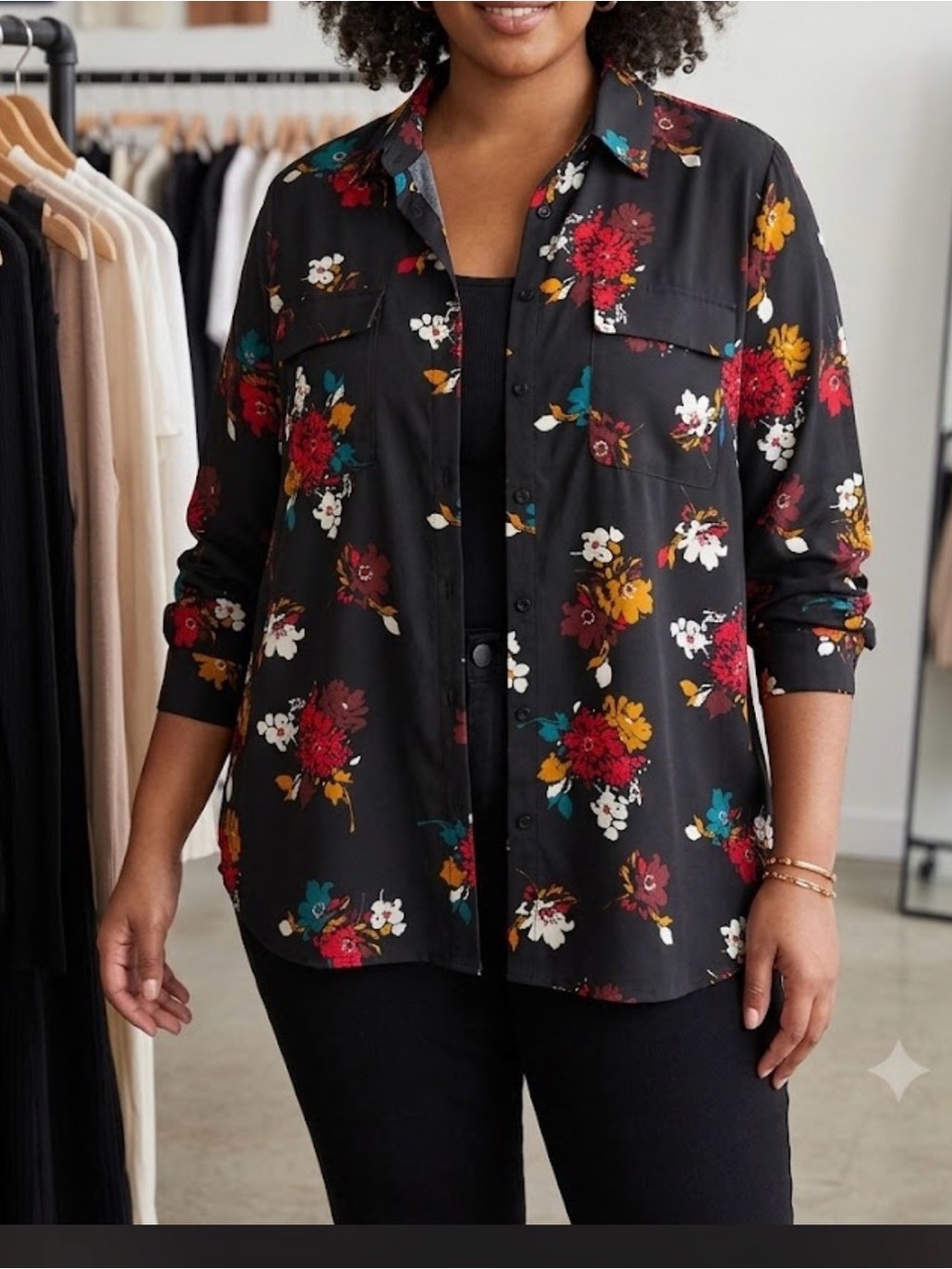 Madison Black Floral Button-Down Shirt with Red & Mustard Bouquet